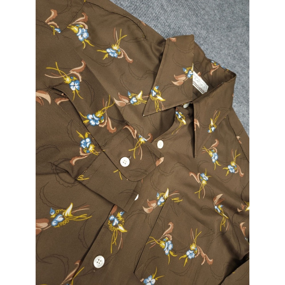 Vintage Disco Retro Shirt Men's Large 16 - 16.5 Brown AOP Floral 70's Mervyns